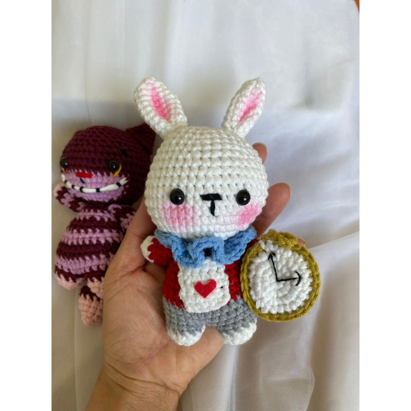 The Cheshire cat and white rabbit Amigurumi doll, The Cheshire cat crochet doll, White rabbit Alice in Wonderland